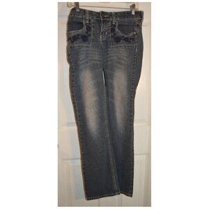 Authentic 579 Worn-Distressed Embroidered Flower Design Women's Blue Jeans Siz 7